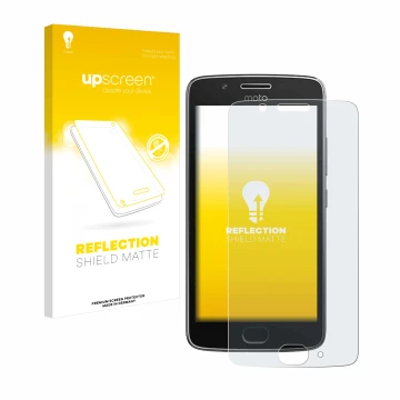 Parte frontale di una confezione del prodotto con il logo del marchio upscreen. Accanto è raffigurato il dispositivo Motorola 