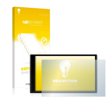 Parte frontale di una confezione del prodotto con il logo del marchio upscreen. Accanto è raffigurato il dispositivo Garmin Dr