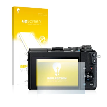 Parte frontale di una confezione del prodotto con il logo del marchio upscreen. Accanto è raffigurato il dispositivo Canon EOS