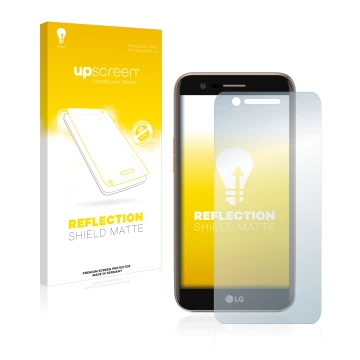 Parte frontale di una confezione del prodotto con il logo del marchio upscreen. Accanto è raffigurato il dispositivo LG K10 20