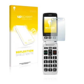 Parte frontale di una confezione del prodotto con il logo del marchio upscreen. Accanto è raffigurato il dispositivo Doro Prim