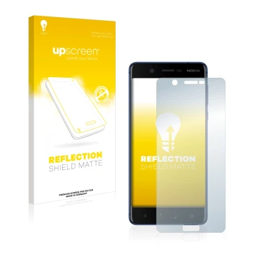 Parte frontale di una confezione del prodotto con il logo del marchio upscreen. Accanto è raffigurato il dispositivo Nokia 5 c