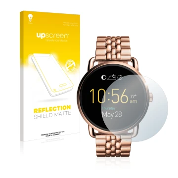 Parte frontale di una confezione del prodotto con il logo del marchio upscreen. Accanto è raffigurato il dispositivo Fossil Q 