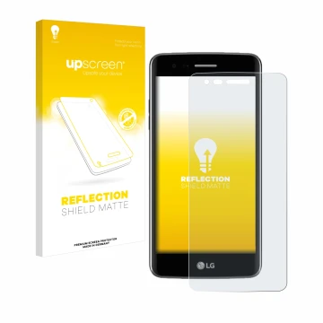 Parte frontale di una confezione del prodotto con il logo del marchio upscreen. Accanto è raffigurato il dispositivo LG K8 201