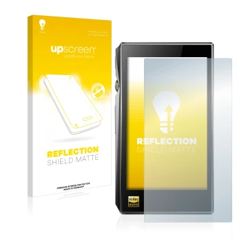 Parte frontale di una confezione del prodotto con il logo del marchio upscreen. Accanto è raffigurato il dispositivo FiiO X5 I