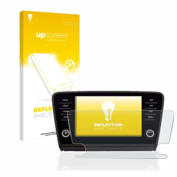 Parte frontale di una confezione del prodotto con il logo del marchio upscreen. Accanto è raffigurato il dispositivo Skoda Oct