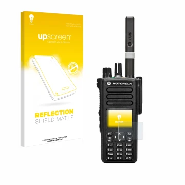 Parte frontale di una confezione del prodotto con il logo del marchio upscreen. Accanto è raffigurato il dispositivo Motorola 