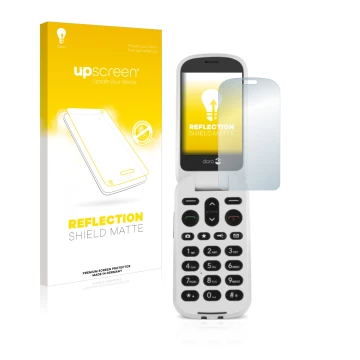 Parte frontale di una confezione del prodotto con il logo del marchio upscreen. Accanto è raffigurato il dispositivo Doro 6050