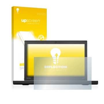 Parte frontale di una confezione del prodotto con il logo del marchio upscreen. Accanto è raffigurato il dispositivo Lenovo Th