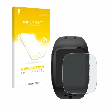 Parte frontale di una confezione del prodotto con il logo del marchio upscreen. Accanto è raffigurato il dispositivo Polar M43