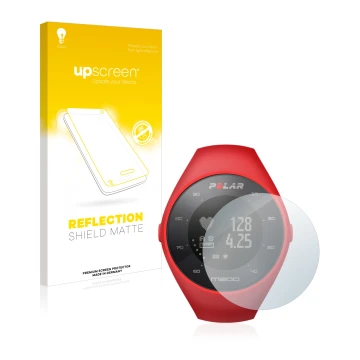 Parte frontale di una confezione del prodotto con il logo del marchio upscreen. Accanto è raffigurato il dispositivo Polar M20