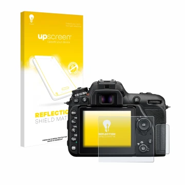 Parte frontale di una confezione del prodotto con il logo del marchio upscreen. Accanto è raffigurato il dispositivo Nikon D75