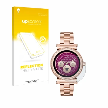 Parte frontale di una confezione del prodotto con il logo del marchio upscreen. Accanto è raffigurato il dispositivo Michael K