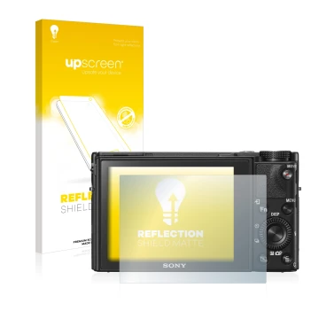 Parte frontale di una confezione del prodotto con il logo del marchio upscreen. Accanto è raffigurato il dispositivo Sony Cybe