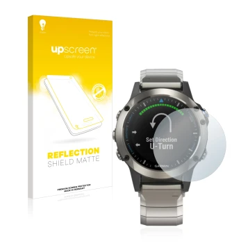 Parte frontale di una confezione del prodotto con il logo del marchio upscreen. Accanto è raffigurato il dispositivo Garmin qu