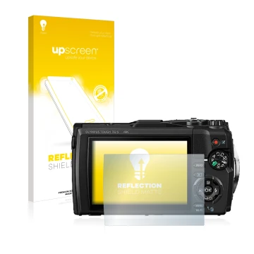 Parte frontale di una confezione del prodotto con il logo del marchio upscreen. Accanto è raffigurato il dispositivo Olympus T