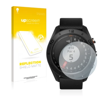 Parte frontale di una confezione del prodotto con il logo del marchio upscreen. Accanto è raffigurato il dispositivo Garmin Ap