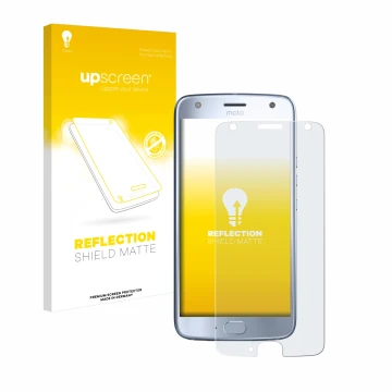 Parte frontale di una confezione del prodotto con il logo del marchio upscreen. Accanto è raffigurato il dispositivo Motorola 