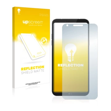 Parte frontale di una confezione del prodotto con il logo del marchio upscreen. Accanto è raffigurato il dispositivo LG Q6 con