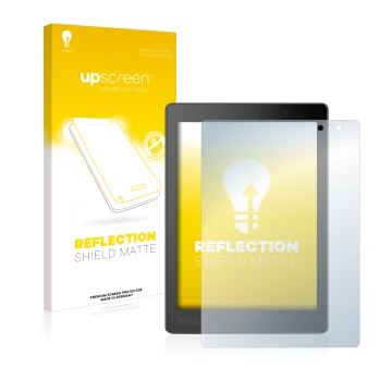 Parte frontale di una confezione del prodotto con il logo del marchio upscreen. Accanto è raffigurato il dispositivo Kobo Aura