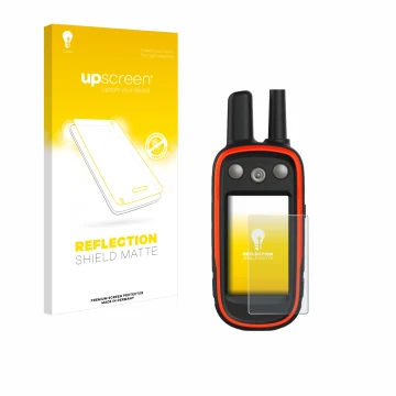 Parte frontale di una confezione del prodotto con il logo del marchio upscreen. Accanto è raffigurato il dispositivo Garmin At