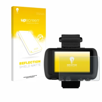 Parte frontale di una confezione del prodotto con il logo del marchio upscreen. Accanto è raffigurato il dispositivo Garmin Fo