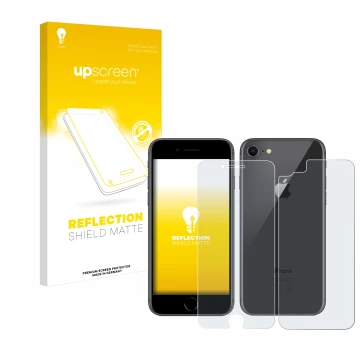 Parte frontale di una confezione del prodotto con il logo del marchio upscreen. Accanto è raffigurato il dispositivo Apple iPh