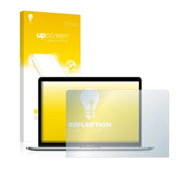 Parte frontale di una confezione del prodotto con il logo del marchio upscreen. Accanto è raffigurato il dispositivo Apple Mac