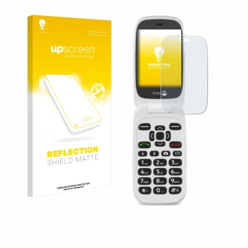 Parte frontale di una confezione del prodotto con il logo del marchio upscreen. Accanto è raffigurato il dispositivo Doro 6520