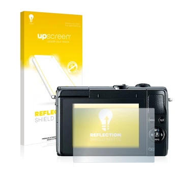 Parte frontale di una confezione del prodotto con il logo del marchio upscreen. Accanto è raffigurato il dispositivo Canon EOS