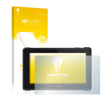 Parte frontale di una confezione del prodotto con il logo del marchio upscreen. Accanto è raffigurato il dispositivo TomTom Pr