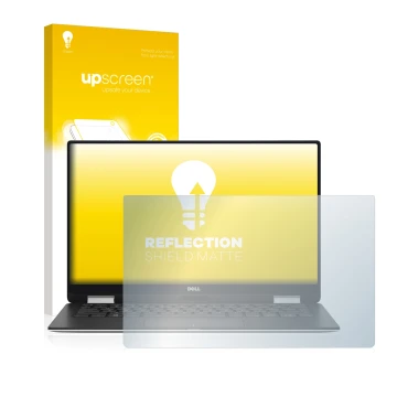Parte frontale di una confezione del prodotto con il logo del marchio upscreen. Accanto è raffigurato il dispositivo Dell XPS 