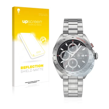 Parte frontale di una confezione del prodotto con il logo del marchio upscreen. Accanto è raffigurato il dispositivo TAG Heuer