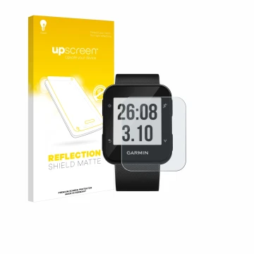 Parte frontale di una confezione del prodotto con il logo del marchio upscreen. Accanto è raffigurato il dispositivo Garmin Fo