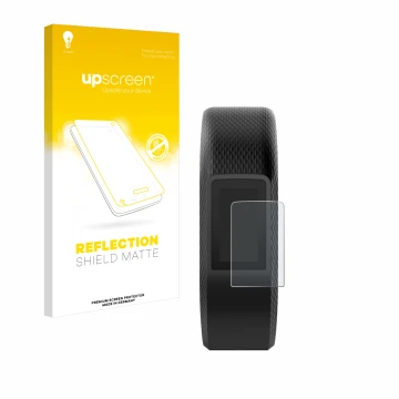 Parte frontale di una confezione del prodotto con il logo del marchio upscreen. Accanto è raffigurato il dispositivo Garmin Vi