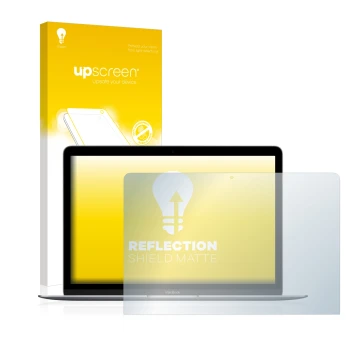 Parte frontale di una confezione del prodotto con il logo del marchio upscreen. Accanto è raffigurato il dispositivo Apple Mac