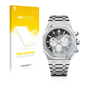 Parte frontale di una confezione del prodotto con il logo del marchio upscreen. Accanto è raffigurato il dispositivo Audemars 