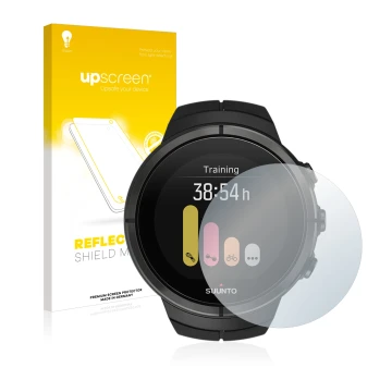 Parte frontale di una confezione del prodotto con il logo del marchio upscreen. Accanto è raffigurato il dispositivo Suunto Sp