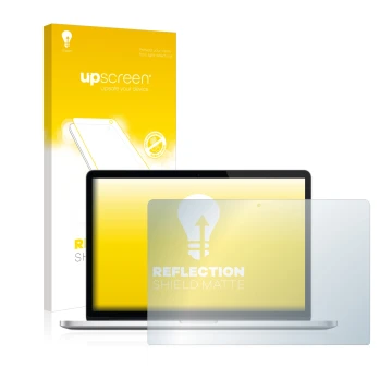 Parte frontale di una confezione del prodotto con il logo del marchio upscreen. Accanto è raffigurato il dispositivo Apple Mac