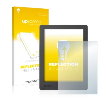 Parte frontale di una confezione del prodotto con il logo del marchio upscreen. Accanto è raffigurato il dispositivo Kobo Aura