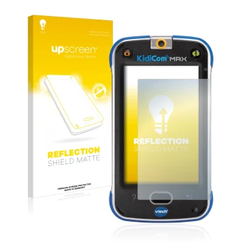 Parte frontale di una confezione del prodotto con il logo del marchio upscreen. Accanto è raffigurato il dispositivo Vtech Kid