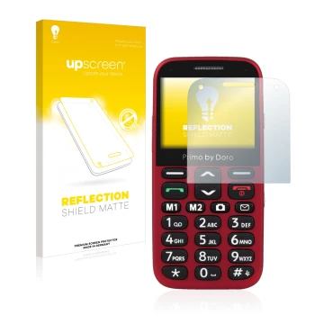 Parte frontale di una confezione del prodotto con il logo del marchio upscreen. Accanto è raffigurato il dispositivo Doro Prim