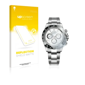 Parte frontale di una confezione del prodotto con il logo del marchio upscreen. Accanto è raffigurato il dispositivo Rolex Cos