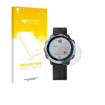 Parte frontale di una confezione del prodotto con il logo del marchio upscreen. Accanto è raffigurato il dispositivo Garmin Fo