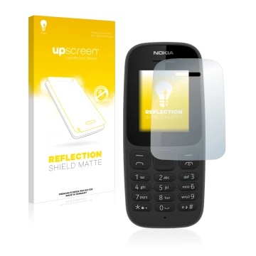 Parte frontale di una confezione del prodotto con il logo del marchio upscreen. Accanto è raffigurato il dispositivo Nokia 105