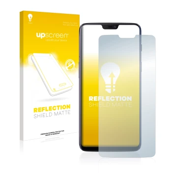 Parte frontale di una confezione del prodotto con il logo del marchio upscreen. Accanto è raffigurato il dispositivo OnePlus 6