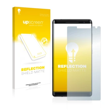 Parte frontale di una confezione del prodotto con il logo del marchio upscreen. Accanto è raffigurato il dispositivo Nokia 8 S