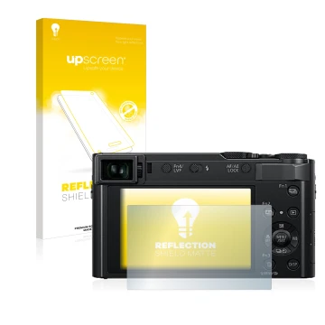 Parte frontale di una confezione del prodotto con il logo del marchio upscreen. Accanto è raffigurato il dispositivo Panasonic
