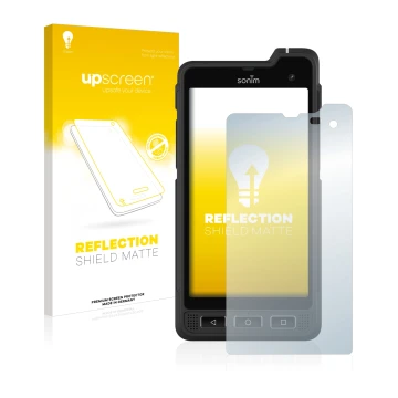 Parte frontale di una confezione del prodotto con il logo del marchio upscreen. Accanto è raffigurato il dispositivo Sonim XP8