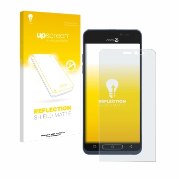 Parte frontale di una confezione del prodotto con il logo del marchio upscreen. Accanto è raffigurato il dispositivo Doro 8035